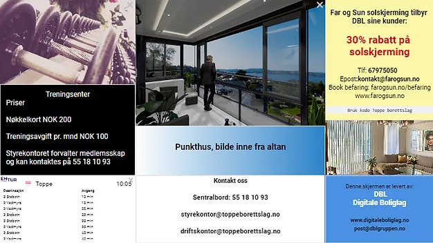 Infoskjermen i Toppe borettslag, med beskjeder fra styret og en annonse med rabatt for beboerne
